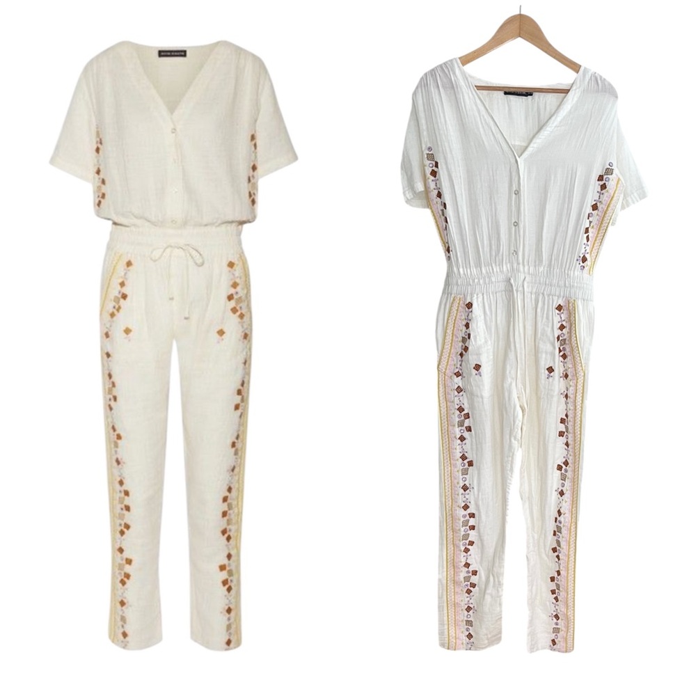 Antik Batik Cream Cotton Gauze Short Sleeve Sharlen Embroidered Jumpsuit S/38